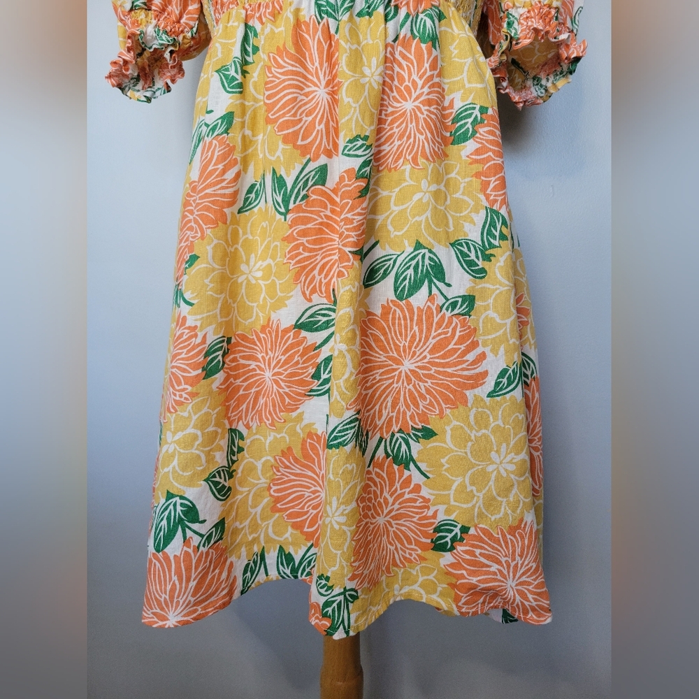 House of Harlow 1960 Linen Babydoll Floral Smocked Puff Sleeve Dress SZ M - Picture 3 of 9